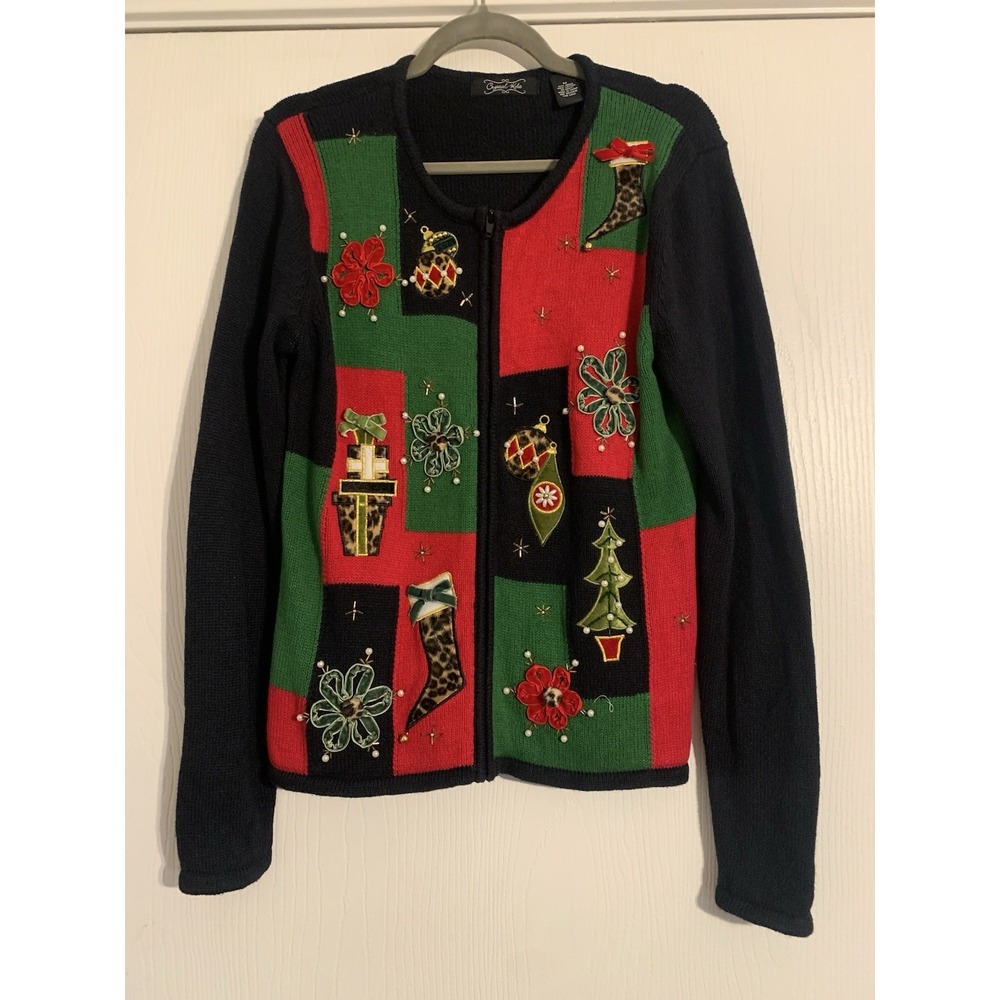 Crystal Kobe Christmas Cardigan Sweater Sz M Knit Full Zip Patchwork Beaded VTG